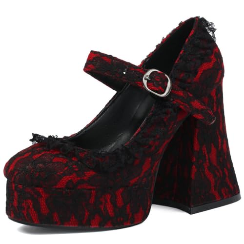 KOKOMOMO Women's Lace Flower Heels Goth Platform Shoes Chunky High Heel Mary Jane Gothic Heels, Size 9 Red