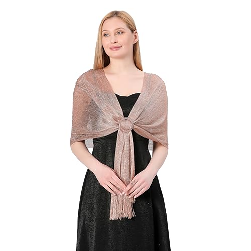 Image of Stoles for Evening Dress with Buckle, Fringes - Polyester Blend, Shimmer Stole Wraps for Weddings, Party | Women's Clothing
