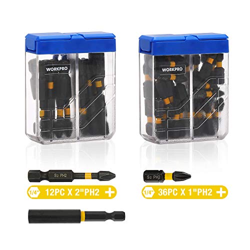WORKPRO 49-Piece Impact Screwdriver Bit Set, S2 PH2 Phillips Bits of 1 In