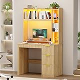 Gurexl Computer Desk with 2 Power Outlet and LED Lights,Office Desk with NFC Lockable Drawers and Shelves,Wooden Writing Workstation with Hutch for Small Space,Game Room,Home Office,Bedroom,Wood