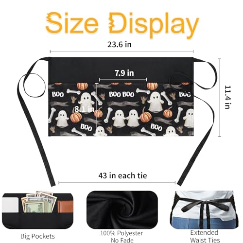 Image of BOHARERS Waitress Aprons With 3 Pockets Halloween Aprons for Servers,Ghost Black Waist Aprons for Women - Halloween Decorations
