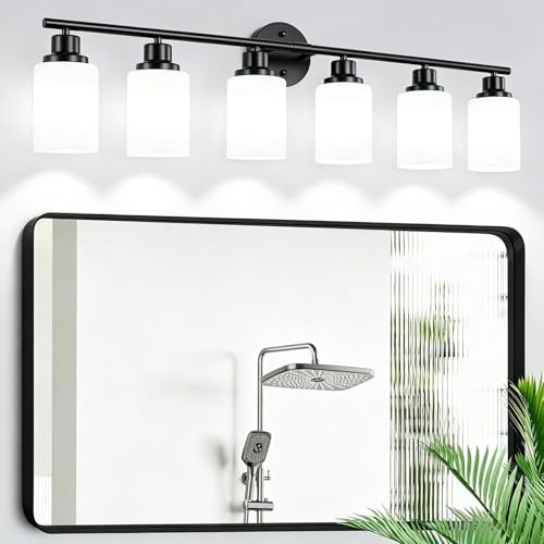 Guliaofo 6-Light Bathroom Light Fixtures, Vanity Lights for Mirror with Textured Milky White Glass Shade, E26 Base Modern Kitchen Light Fixtures Wall Sconce Light - Black