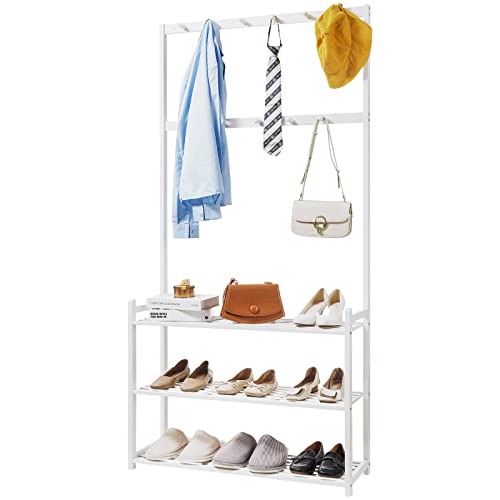 Perchero Con Zapatero Y Cojín Gelukueub - Color Blanco Brillante, Dimensiones 60.5x180.5x35.2 Cm, Con Puertas Push-to-open Y Ganchos Dorados - Para Entrada O Sala De Estar