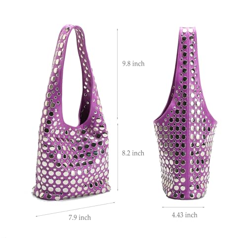 Stylish Studded Hobo Bag Y2K Rivets Bucket Purse for Women Trendy Small Shoulder Tote Handbag3