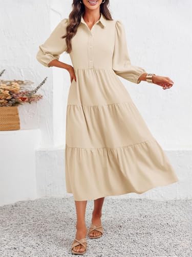 Image of Wenrine Womens Casual 3 /4 Sleeve Shirt Dress Button Down V Neck Tiered Collared Flowy Maxi Dress Beige