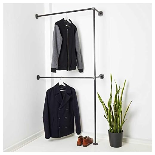 Various garderob för hörnet – olika storlekar, t.ex. 60 x 200 cm – industriell design klädstång dubbel för jackor – till vänster eller höger – svart, metall