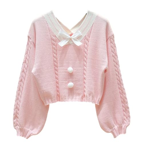 FindThy Women's Y2K Pullover Sweater Sweet Lantern Sleeve Bowtie Knit Crop Jumper Tops - Main Image