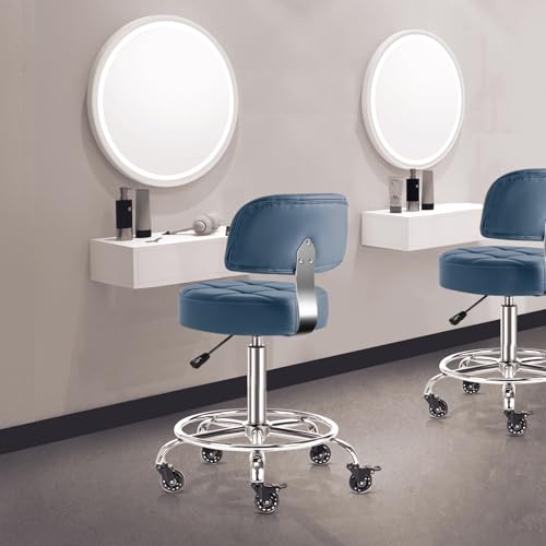 Image of Lockable Stool with Back and Foot Rest Ergonomic Rolling Hydraulic Adjustable Stool for Doctor Esthetician Artist Home Small Office Desk (Blue, 19.5''-24.5'')