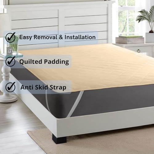 Image of Trance Home Linen 100% Cotton Quilted Mattress Protector| Single Size Bed Quilted Bed Cover |Water Resistant - Breathable and 100% Cotton Pad with Elastic Straps on Corners (72x30 inch, Beige)