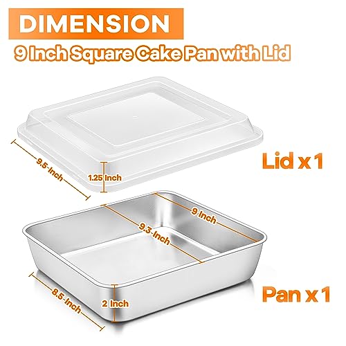 Image of TeamFar 9 x 9 Inch Square Cake Pan, Stainless Steel Square Baking Pan with Lid for Brownie Lasagna, Non-Toxic & Heavy Duty, One Piece & Smooth, Dishwasher Safe & Easy Clean, (1 Pan + 1 Lid)