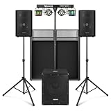 cabina dj y torres iluminadas Sonido equilibrado : Sistema 2.1 con subwoofer de 12” y altavoces de 8”, ideal como altavoz portátil potente para fiestas, eventos y uso como equipo de sonido profesional.