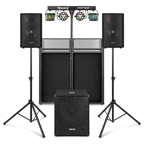 Vonyx Komplettes DJ Setup – 800W DJ Set mit Aktivlautsprechern, Subwoofer, Partybar & DJ Booth | Bluetooth Soundanlage mit Lichteffekt & Stehpult Tisch – Komplettpaket für DJs, Events & Partys