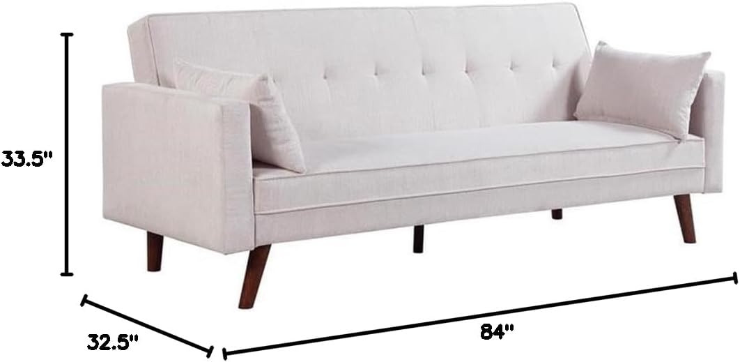 Pemberly Row Convertible Sleeper Sofa, Beige Chenille Upholstery, 84 x 32.5 x 33.5 in, Tufted Back, Foam Filled Cushions, Track Arm Design, Includes Pillows, Modern Futon for Living Room or Guest Room