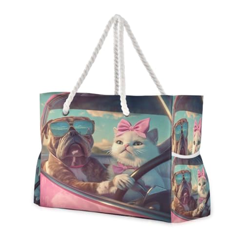 Cat and Dog (2) Beach Bag & Travel Tote Bag Large Sandproof with Zipper Closure, Wet Pouch for Swim Gym Travel, Lightweight Foldable Outdoor Bag