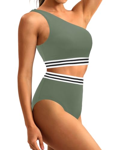 Image of Holipick Women One Shoulder High Waisted Bikini Set Two Piece Tummy Control Swimsuits Full Coverage Bathing Suit