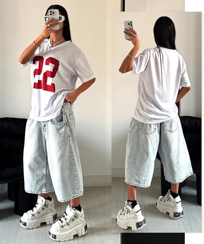 Oversized Jersey Shirts for Women Y2k Blokette Tops V Neck Number Graphic Tees Short Sleeve T-Shirt Black White4