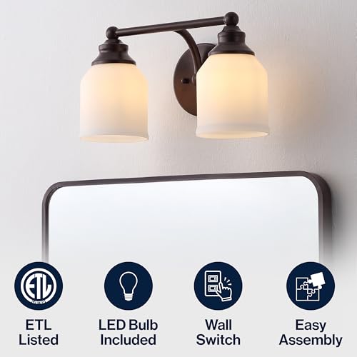 Image of JONATHAN Y 14 inch Oil Rubbed Bronze /White Modern Farmhouse LED Vanity Light Wall Sconce Fixture, Frosted White Glass Shade, Dimmable Wall Lamp for Bathroom Mirror Kitchen Sink, UL Listed (JYL7550C)
