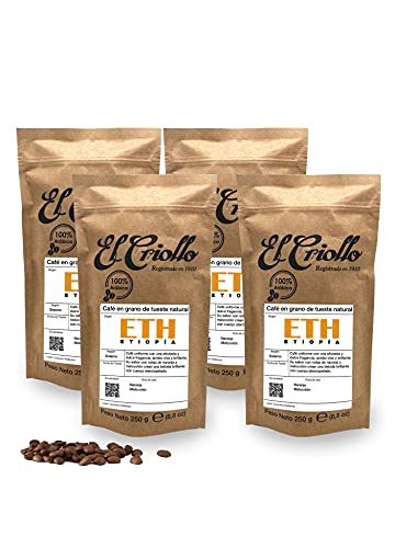 Cafés El Criollo | Café Origen Etiopía en GRANO | Café de Especialidad 1Kg 100% Arábica | Specialty Coffee 83,75 puntos SCA | Tueste Natural | 1kg