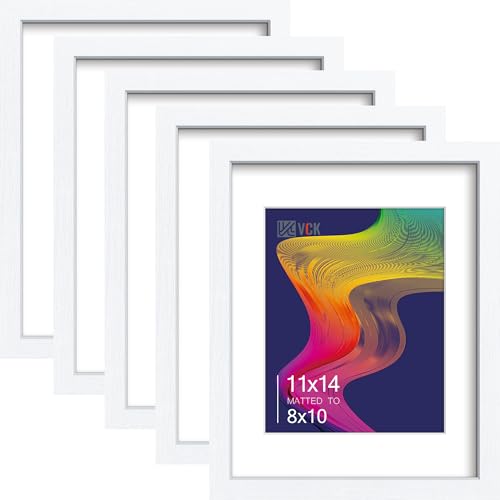 Image of VCK 11x14 Picture Frame 5 Pack, White Wood, 8x10 Mat, Glass, for Photo