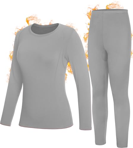 Roadbox Womens Thermal Underwear Sets Fleece Lined Long Johns Skiing Shirts & Pants Base Layer Yoga Running Cold Weather Light Gray