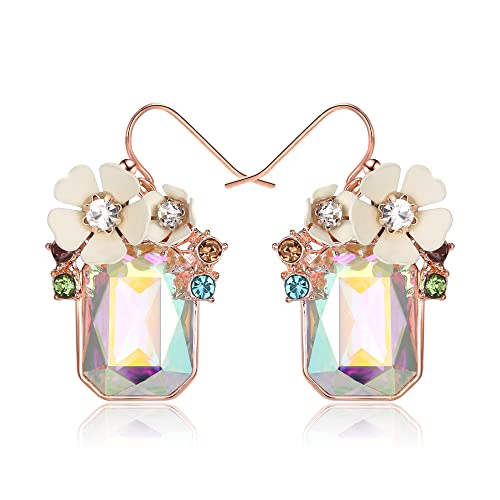 BriLove Fashion Elegant Rhinestone Enamel Rose Flower Emerald Cut Hook Dangle Earrigns for Women Party Prom Accessories