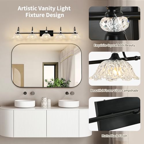 Image of Black Bathroom Vanity Light, 5-Light Vanity Light with Crystal Glass Shades, Vintage Farmhouse Vanity Lighting for Bathroom and Dressing Table
