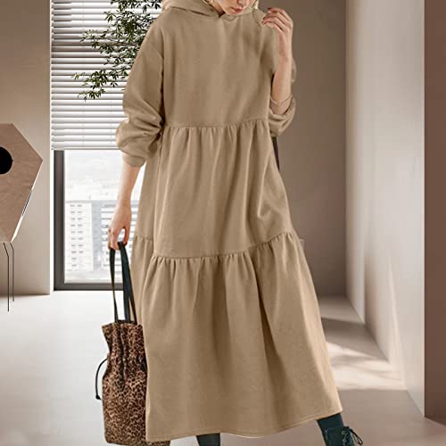 Hiborth Moletom Feminino Outono Inverno Vestido com Babados Cor Sólida Manga Longa Solta Bainha Gran