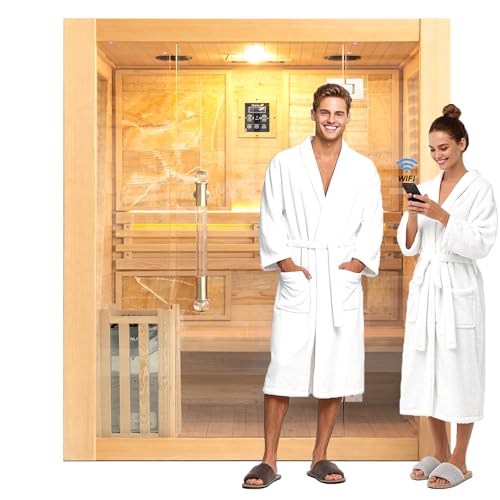 Smartmak Wood Home Steam Sauna, Customized WiFi Control 1-6 Person Canadian Hemlock/Red Cedar Traditional Luxurious Wooden Indoor Spa Room, Heating Stove, Speaker, Rocks, Water Bucket, Lights, 194℉
