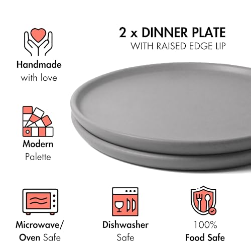 Image of Ceramic Dinner Plates, 2 Pcs | Rim Plate for Easy Eating | Microwave, Oven, Dishwasher Safe | Set of 2 Ceramic Stoneware Plates for Dinner | Handmade | (Pebble Grey, 9.5 inch Dinner Plate)