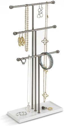 Umbra Trigem Hanging Jewelry Organizer Tiered Tabletop Free Standing Necklace Holder Display, 3, White/Nickel