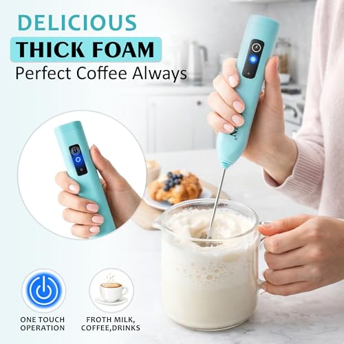 Image of GLUN Portable Coffee Frother Vibe Turquoise Colour 1 Piece, Type-C Port Rechargeable Handheld Milk Frother with 2-Layer Detachable Steel Whisk, Fast Foam Maker for Latte, Cappuccino & Coffee
