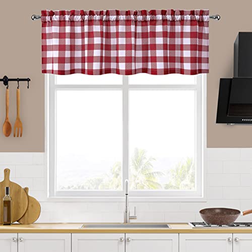 Idealhouse 1 Pack Buffalo Check Plaid Gingham Window Valances,Draperies Curtains For Cafe,Farmhouse,Bathroom & Kitchen Or Living Room Rod Pocket Short Window Curtains,Red And White 56"X15" #TOP11