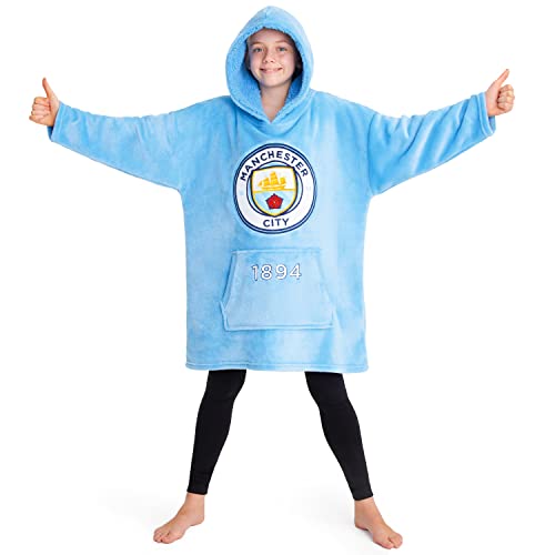 Manchester City F.C. Blanket Hoodie for Kids Teens Fleece Wearable Blanket Cozy Hooded Blanket Sweatshirt with Sherpa Hood Soccer Gifts for Boys