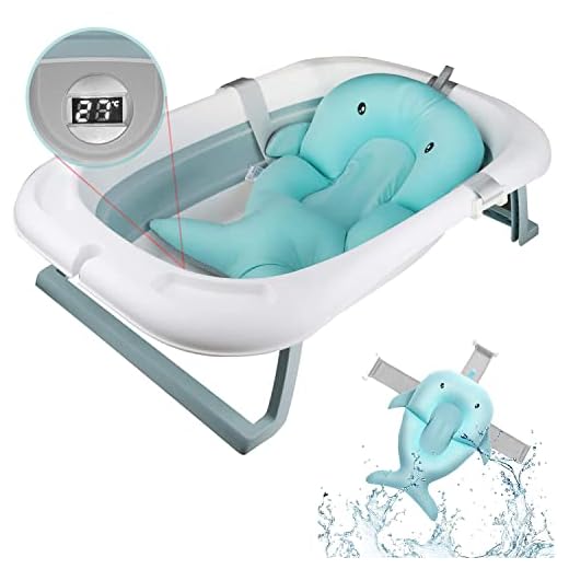 HWGING Babybadkar med termometer, ergonomiskt babybadkar med halkfri matta, baby badkar vikbar-blått badkar val badmattor