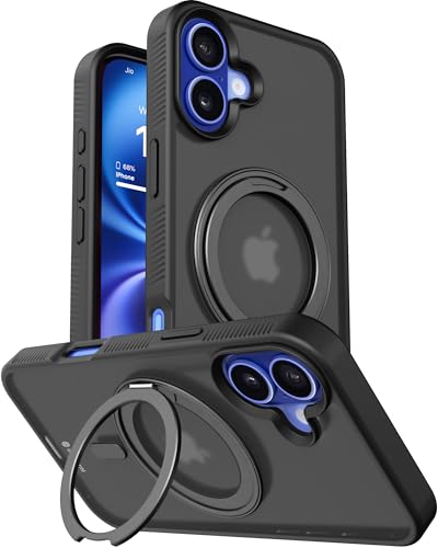 Image of eller sante Astros Magpro Back Cover Case for iPhone 16 Plus with Magnetic Alloy Ring Metal Kickstand Camera Protector TPU Shockproof 10ft Drop Protection Compatible with Mag-Safe- Black