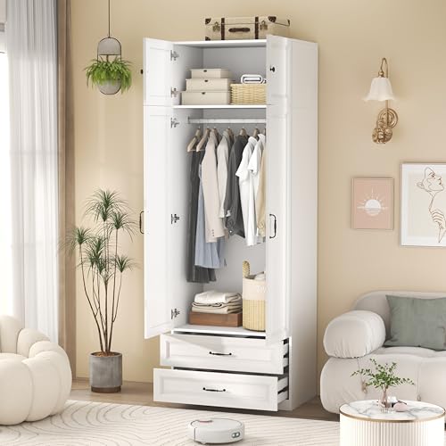 Mhsatyrs Armoire Wardrobe Closet with 2 Drawers: 88\" White Bedroom Closet, Wood Wardrobe Closets with 2 Doors, Tall Armoire Cabinet and Storage Shelves for Clothing (31\") - Thumbnail 3