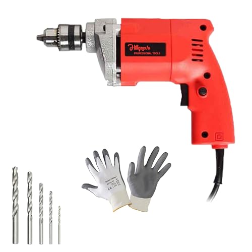 Image of Hillgrove HGCM1110M3 500W Power Drill Machine with Gloves, 5Pcs HSS Drill Bits for Making Holes in Metal /Wood /Concrete Pistol Grip Drill (10 mm Chuck Size)