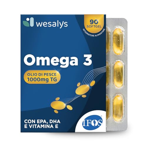 Omega 3 IFOS 5 Stelle Certificato, 90 capsule in Blister da 1000mg in forma Trigliceride, Senza Retrogusto. Olio di pesce ad Alto dosaggio, Ricco di EPA e DHA, Trigliceridi, Cuore, Cervello, WESALYS