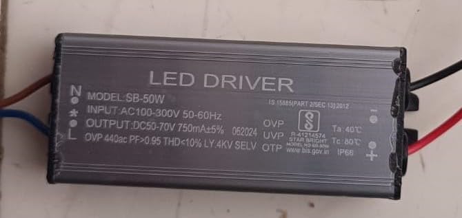 Image of 50W LED Flood Light Driver | With 6Kv Surge,OVP,UVP,OTP Protection for Street /Flood Light Repairing | BIS Approved | IP65 Waterproof (50W 750mA, Pack of 1)