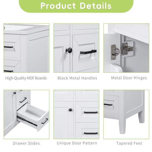 Image of Favfurish 30 inch Bathroom Vanity with Ceramic Sink,Undermount Single Basin Bath Vanity Set w /Soft-Close Door and 3 Drawers,Modern Freestanding Storage Cabinet,Solid Wood Frame,White