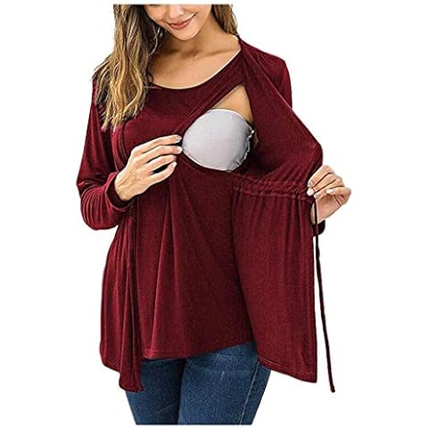 Frauherzz Women Maternity Long Sleeve Double Layer Nursing Tops T-Shirt for Breastfeeding Side Layered Pregnancy Ladies Casual Blouse Cotton Tunic Loose Fit Mama Clothes Wine Cover