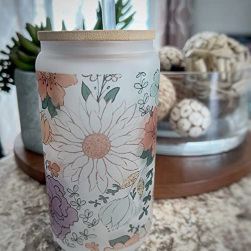 Sandpiper Ink - 16/20Oz Frosted Glass With Bamboo Lid And Plastic Straw - Floral Design (Floral #1, 16Oz) #TOP6