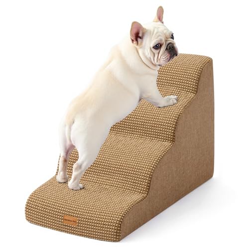Image of Gardner Pet Dog Stairs for Small Dogs 19.7 inch H, 4-Step Brown Curved Pet Stairs, Dog Steps for High Bed (18-24 in), Couch with Durable Non-Slip Waterproof Fabric Cover and CertiPUR-US Certified Foam