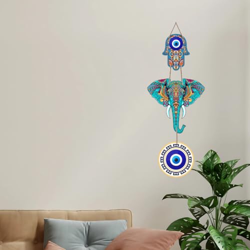 Image of DAKSHESTRY ARTWORKS Evil Eye Wall Hanging | Nazar Protection Hanging with Elephant & Hamsa Hand | Boho Spiritual Home Decor | Ready to Hang Decorative Wall Accent (ewh)
