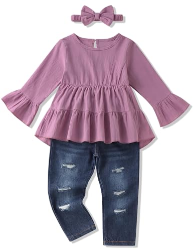 Image of Toddler Girl Clothes Long Sleeve Ruffle Dress Top and Jeans Pants Toddler Girl Fall Outfits