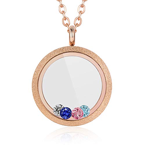 EVERLEAD Round Rose Gold Sparkle Glass Floating Charms Locket 316L Stainless Steel Pendant Necklace Including Chains and Colorful Zircon (Locket Diameter: 25mm)
