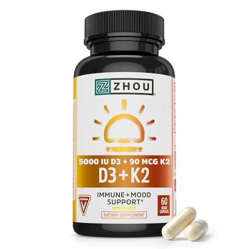 Zhou D3+K2 - Vitamin D3 K2 Supplement for Women & Men, Immune Support Vit D3 and K2 Supplements, Pure Vegetarian Formula with 5000 IU of D3 and MK-7 - 60 Veggie Capsules (Pack of 1)