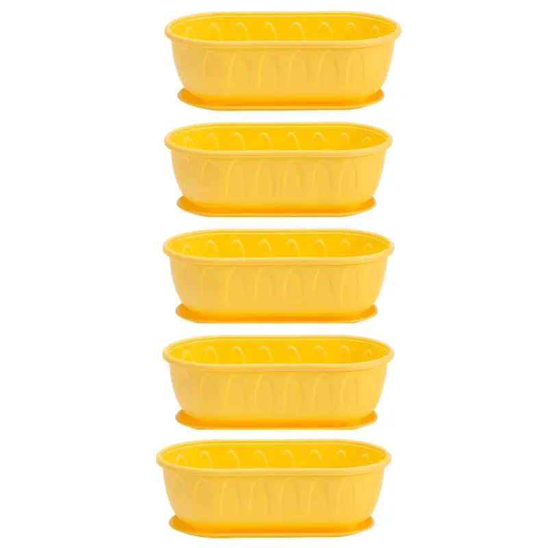 Image of StyleX Store Plastic Rectangle Round Corner Flower Pots with Drainage Hole Saucers Durable Outdoor Indoor Planters with Tray Plant Containers for Balcony, Garden, Home & Office (Set of 5 Yellow)