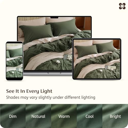 Image of Bedsure 100% Washed Cotton Duvet Cover Queen Size - Olive Green Minimalist Bedding Set Linen Like - PureWoven Plain Simple & Soft Comforter Cover for All Seasons (Olive Green, Queen, 90 inchx90 inch)