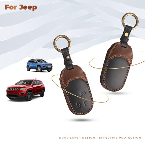 Image of keyzone dual leather key cover compatible for Jeep Compass, Compass Trailhawk smart key (BlackBrown)